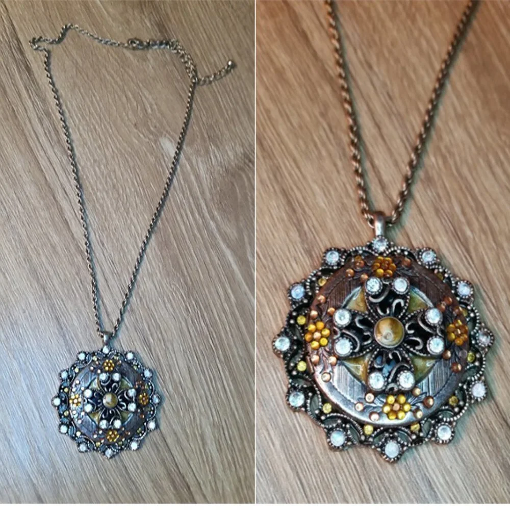 Silver tone bejeweled statement medallion pendant chain necklace dressy